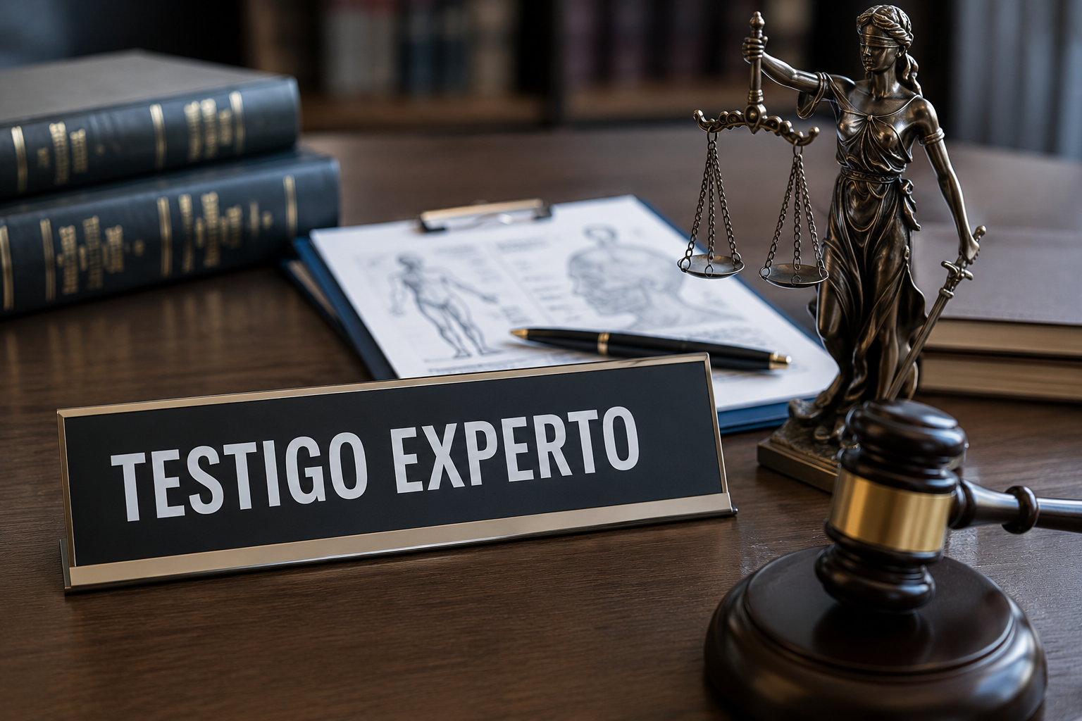 Expert witness desk with gavel, legal books, and Lady Justice statue.
