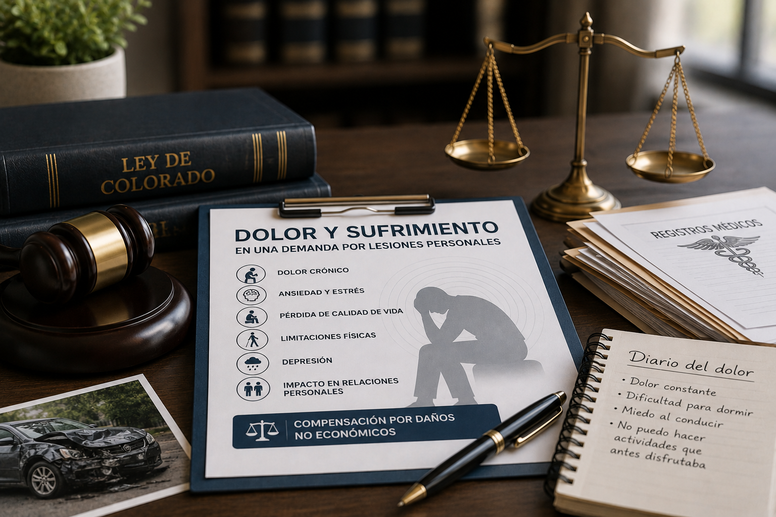 Pain and suffering claim with legal documents, gavel, and medical records.