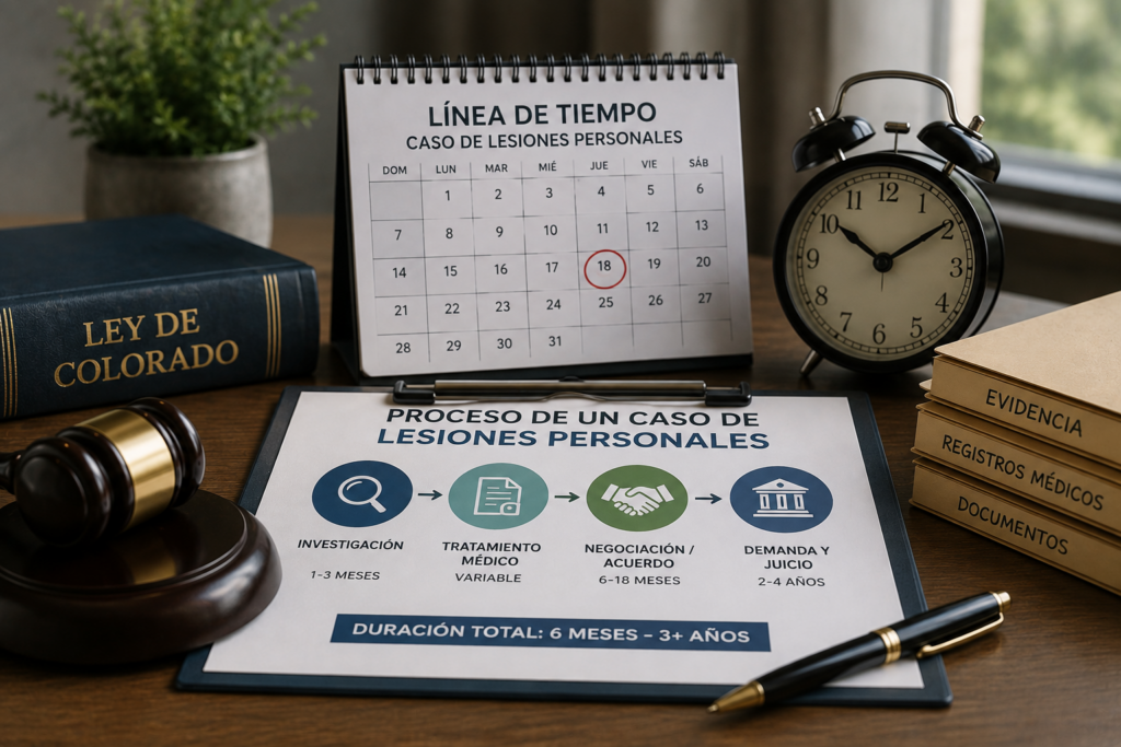 Personal injury case timeline with calendar, gavel, and legal documents.