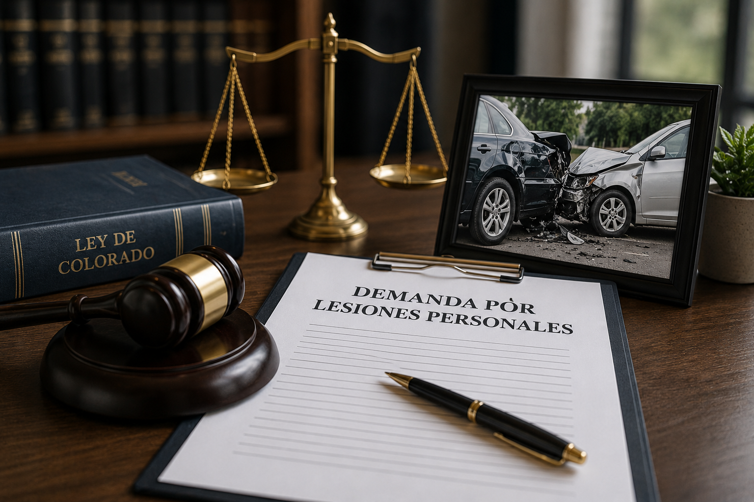 Personal injury lawsuit documents with gavel and justice scales.